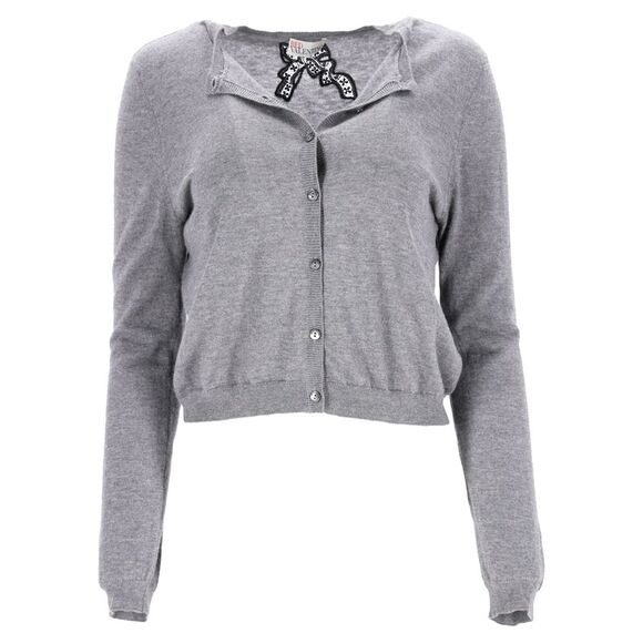 RED Valentino Bow-Embellished Cardigan in Grey Wool
